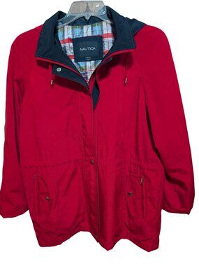 Nautica Womens Red Hooded Raincoat L Mid-Length Travel Jacket With Zip Pockets